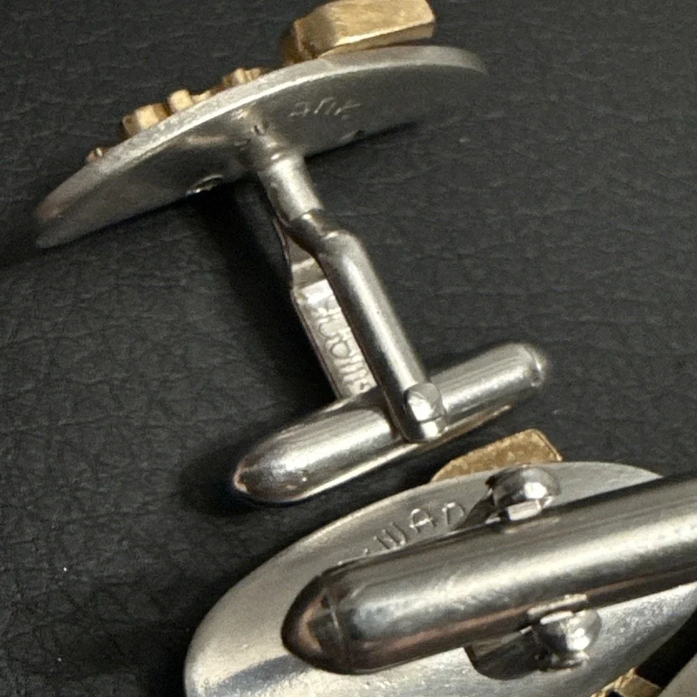Vtg SWANK Cufflinks & Tie Clip Bar Clasp Set Silver & Gold Tone Personalized RON